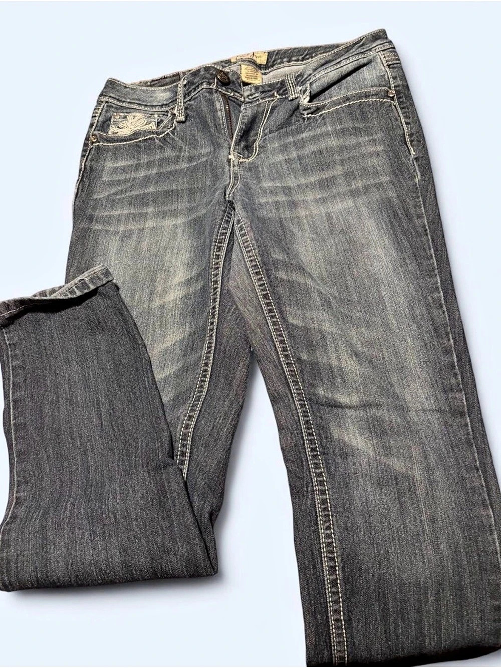 Earl Jean Embellished Cross Pocket Straight Leg Jeans Gray Waist 8
